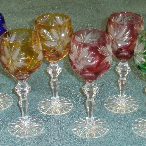 SET OF 8 BAVARIAN CUT-TO-CLEAR MULTICOLOR Crystal WINE GLASSES CHRISTMAS GIFT! - Picture 1 of 7